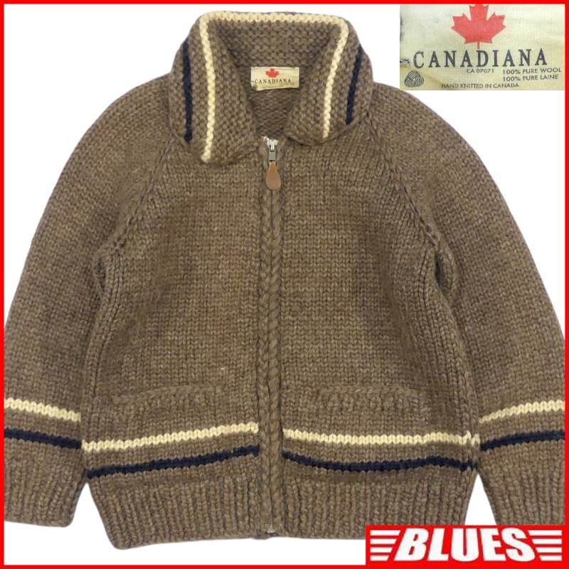 即決★カナダ製 CANADIANA★メンズ XL カウチンセーター カナディアーナ 茶 ウール ハンドニット セーター カーディガン ジップアップ拍卖
