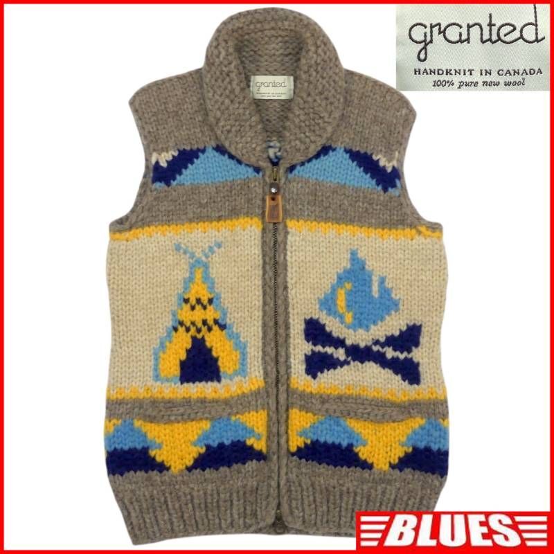 即決★カナダ製 Granted★メンズ M カウチンセーター グランテッド ウール キャンプ ハンドニット セーター カーディガン ジップアップ拍卖