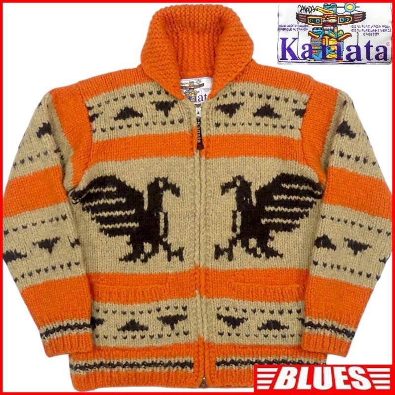 即決★カナダ製 KANATA★メンズ XL カウチンセーター カナタ オレンジ ベージュ 鳥 イーグル TALON ウール ニット セーター ジップアップ拍卖