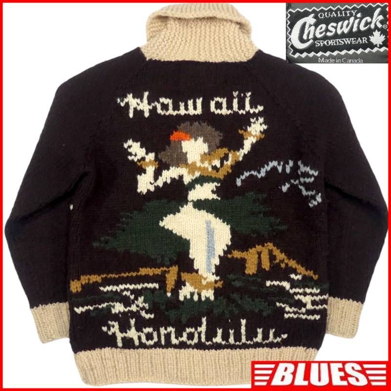 即決★カナダ製 Cheswick★メンズ S カウチンセーター カウチンニット 36 茶 ハワイ柄 ロケットTALON ウール ハンドニット セーター拍卖