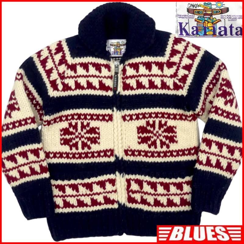 即決★カナダ製 KANATA★メンズ L位 カウチンセーター カナタ 紺 雪柄 赤 ウール ニット セーター カーディガン ジップアップ ハンドニット拍卖