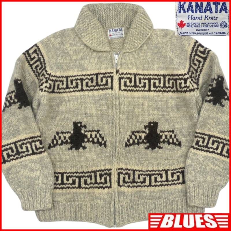 即決★カナダ製 KANATA★メンズ XXXL位 カウチンセーター カナタ グレー ウール ハンドニット セーター カーディガン ジップアップ拍卖