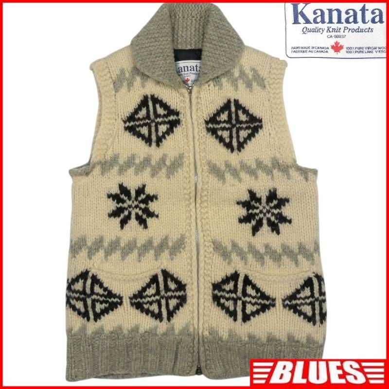 即決★カナダ製 KANATA★メンズ M位 カウチンセーター ベスト カナタ ベージュ グレー ウール ニット セーター TALON ジップ 上野商会拍卖