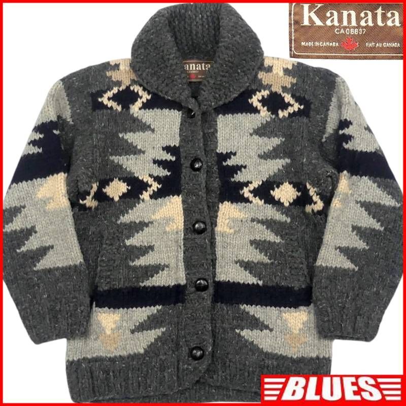 即決★カナダ製 KANATA★メンズ M位 カウチンセーター カナタ グレー ネイティブ柄 ウール ニット セーター カーディガン くるみボタン拍卖