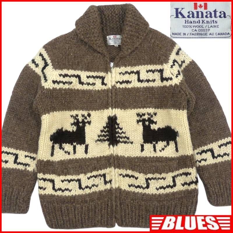 即決★カナダ製 KANATA★メンズ XL位 カウチンセーター カナタ 茶 トナカイ 鹿 ウール セーター カーディガン ジップアップ ハンドニット拍卖