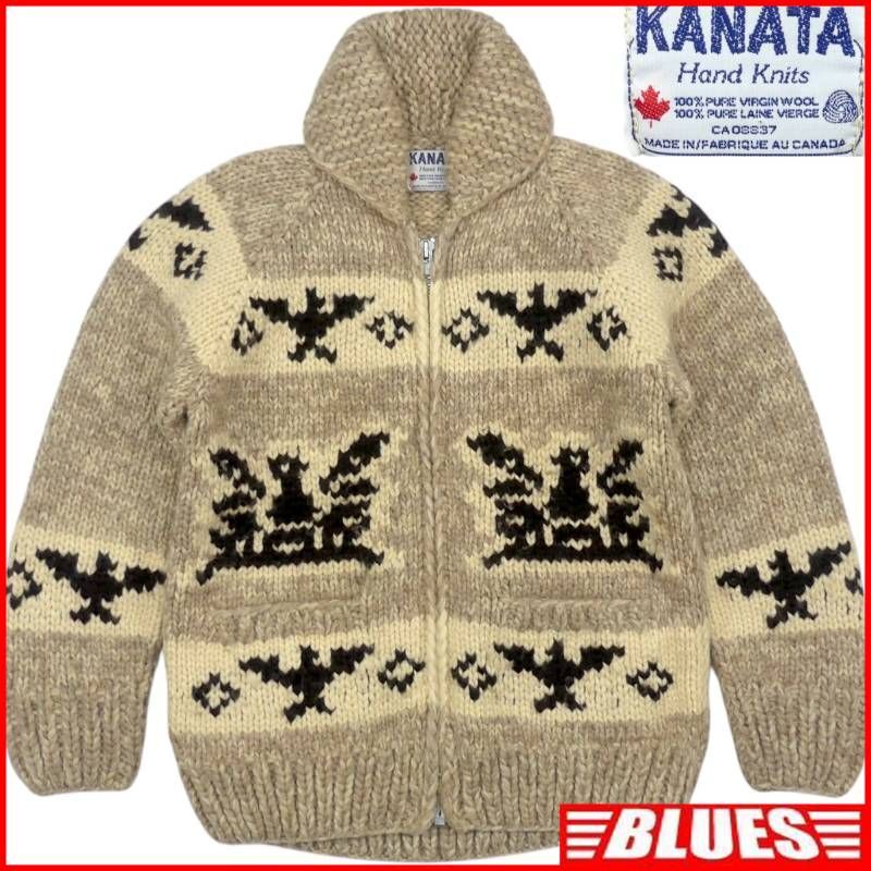 即決★カナダ製 KANATA★メンズ L位 カウチンセーター カナタ ベージュ 茶 サンダーバード ウール ニット セーター カーディガン ジップ拍卖