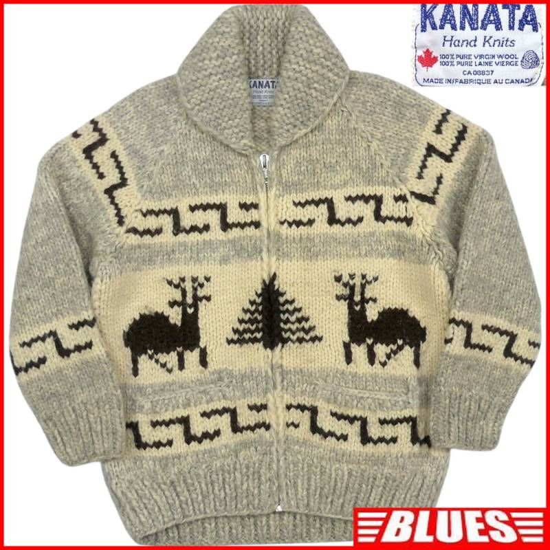 即決★カナダ製 KANATA★メンズ XL位 カウチンセーター カナタ グレー トナカイ ウール セーター カーディガン ジップアップ ハンドニット拍卖