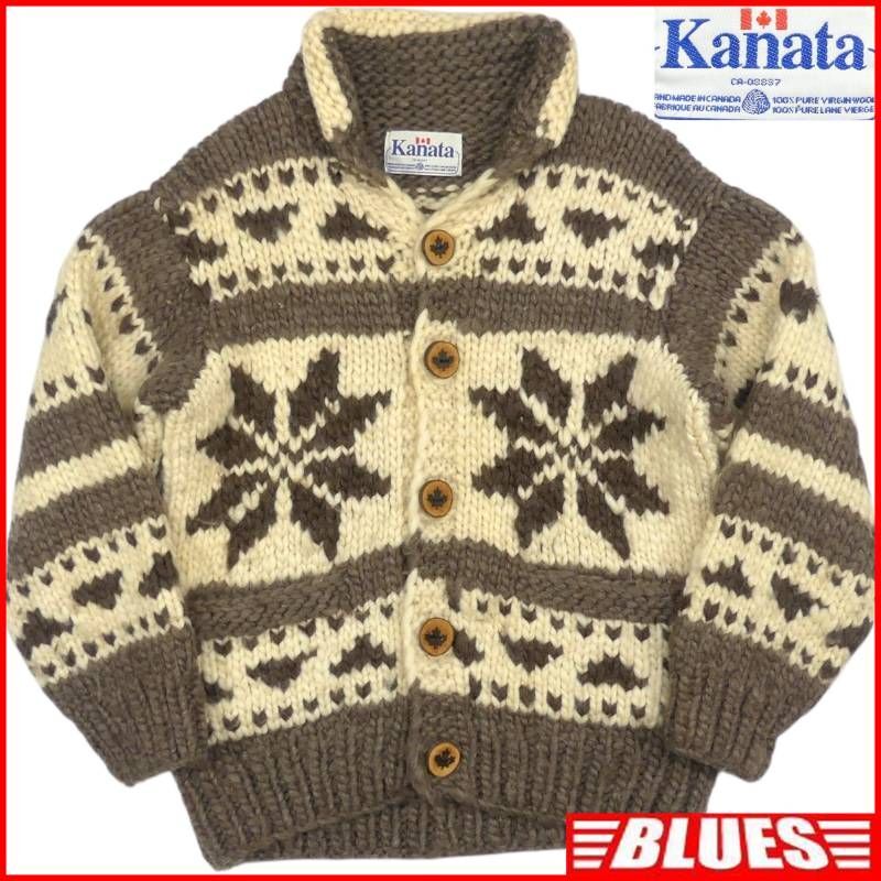 即決★カナダ製 KANATA★メンズ XL位 カウチンセーター カナタ 茶 ベージュ 雪 ウール ハンドニット セーター カーディガン メープルボタン拍卖