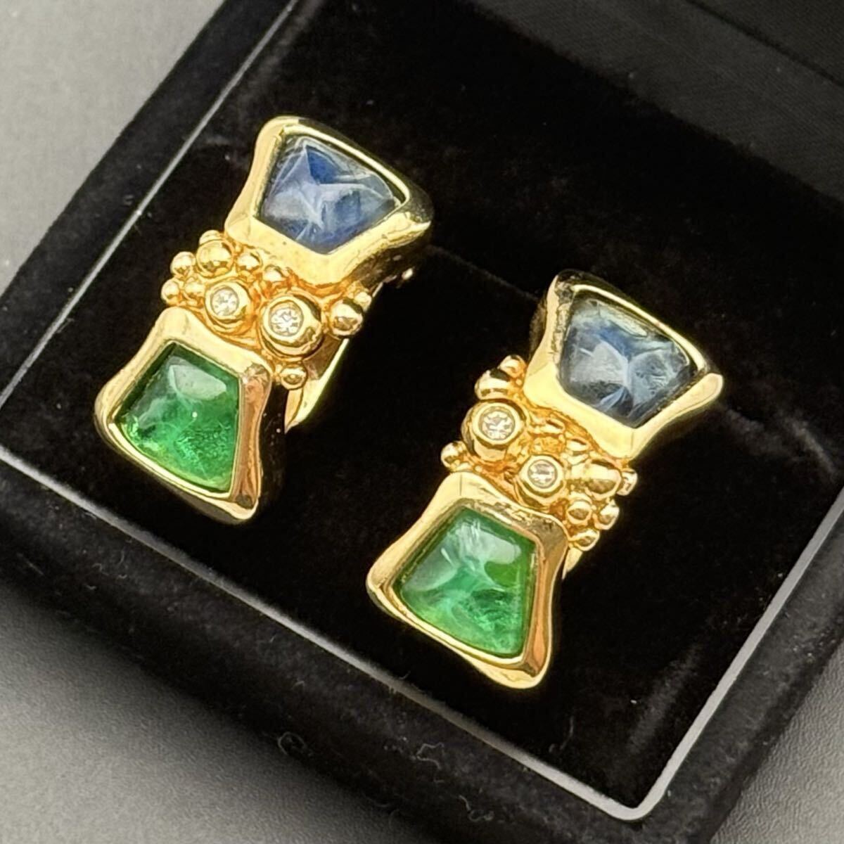 【超希少・極美品】Christian Dior クリスチャンディオール イヤリング 大ぶり ゴールド カラーストーン ラインストーン スクエア グリポア拍卖