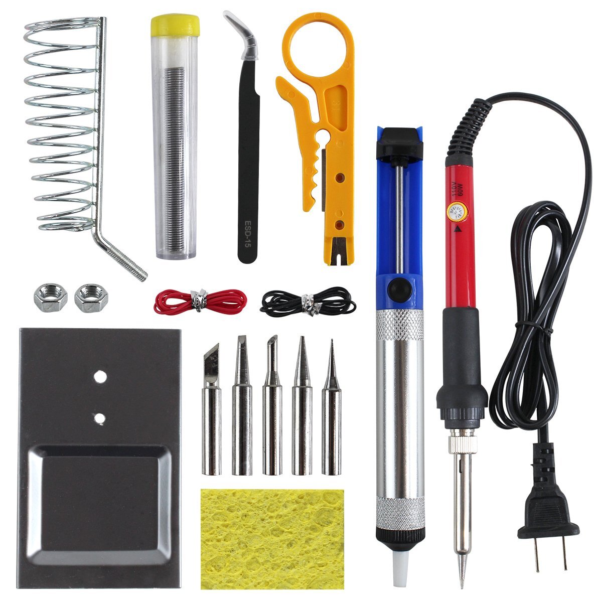 【新品即納】60W ハンダゴテ セット 温度調節 200-450℃ コテ先5種付 こて台 吸取器 収納ケース付き 100v はんだごて 半田 基盤 LED 修理拍卖