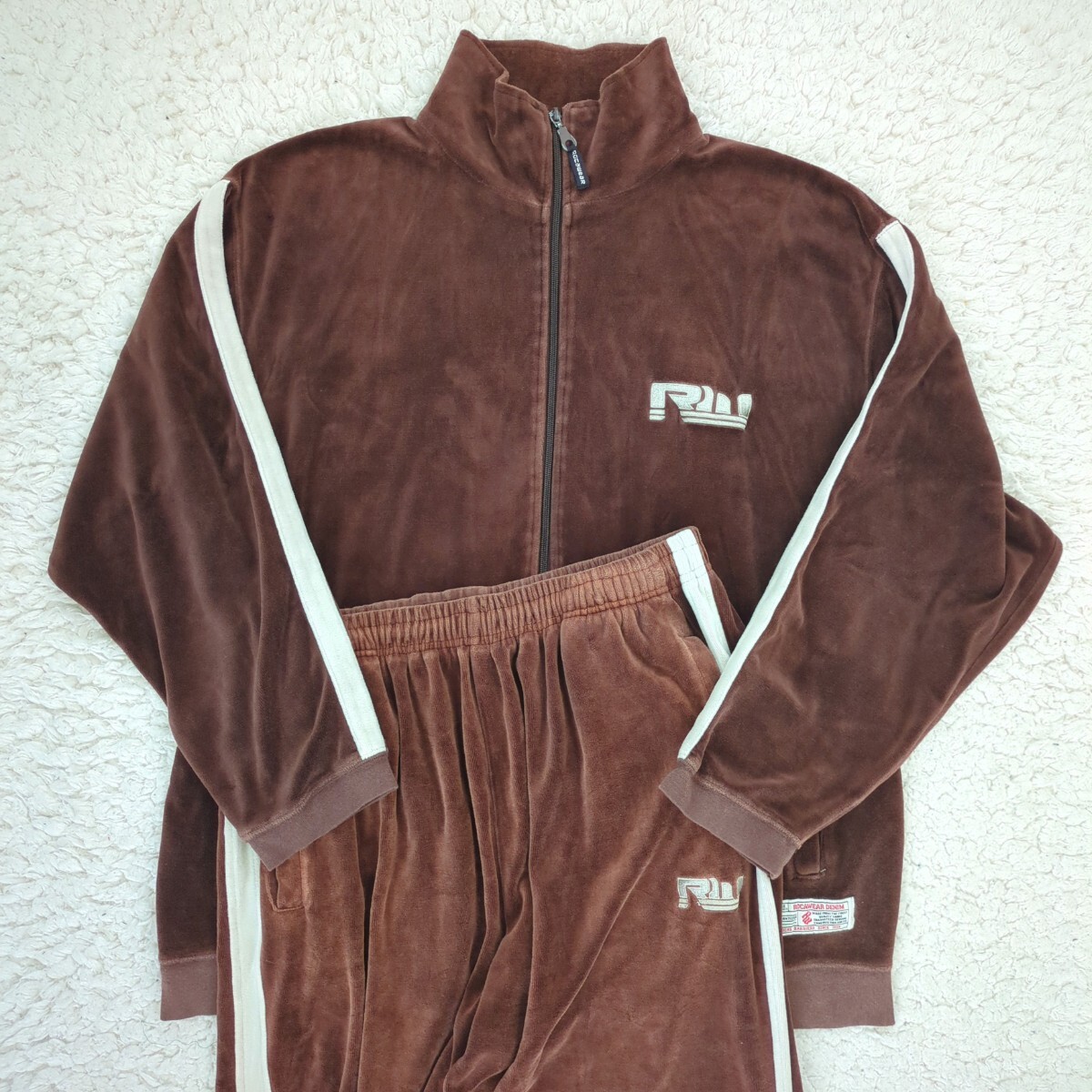 ロカウェア ROCAWEAR ベルベット Velvet ベロア セットアップ ジャージー トラックジャケット トラックパンツ ブラウン サイドライン L拍卖