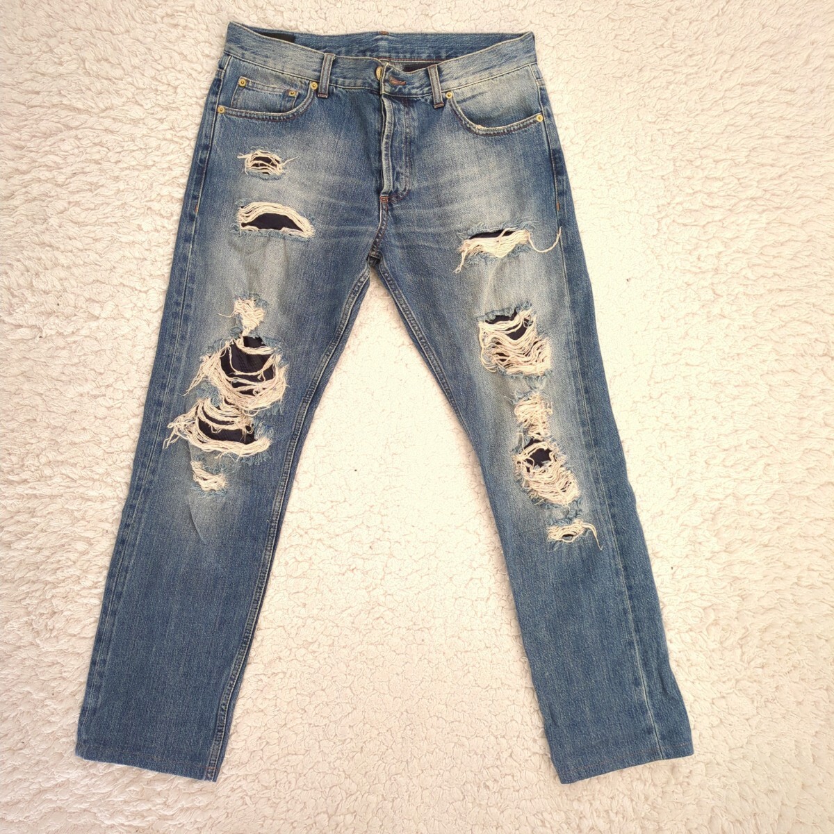 ALEXANDER MCQUEEN アレキサンダーマックイーン 赤耳 ブリーチ セルビッチダメージデニム メンズ 48 ジーンズ デニムパンツ拍卖