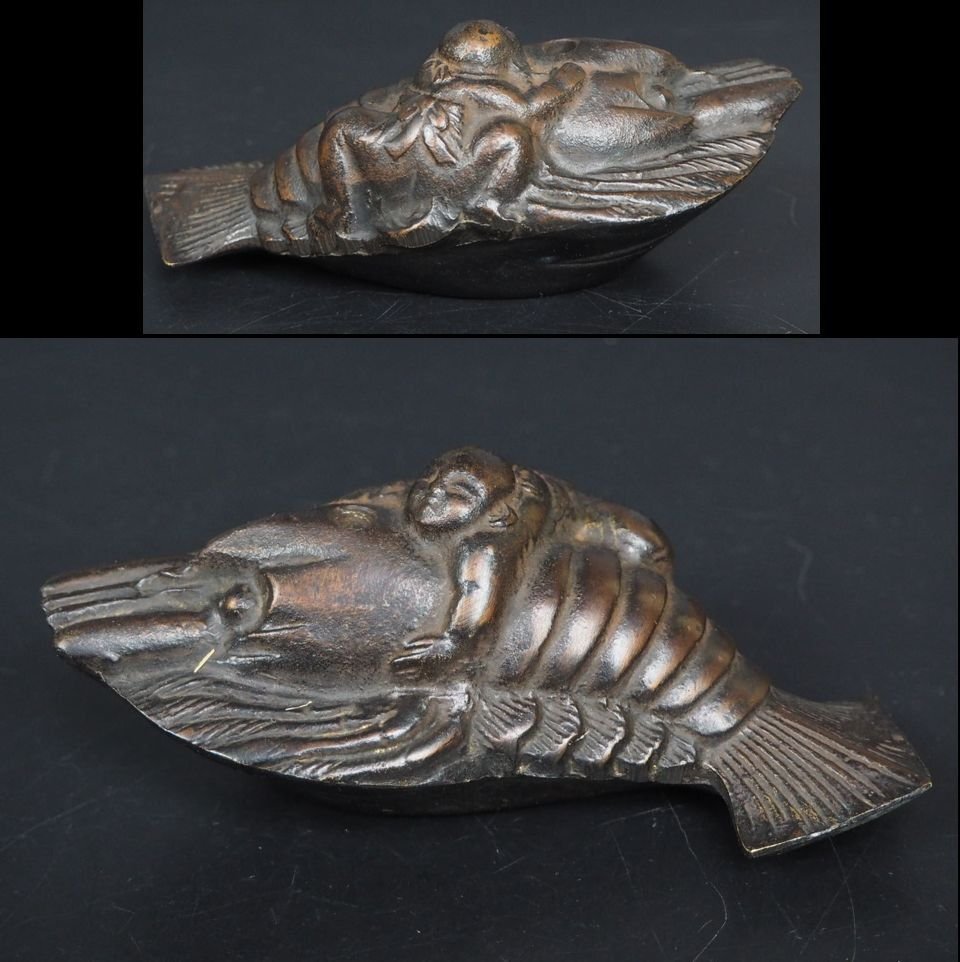 【金富士】明治金工 伊勢海老型古銅水滴 検/茶壺古錫玉川堂高岡銅器龍文堂亀文堂中唐物中国古玩骨董墨和紙文房具硯筆三星五星拍卖