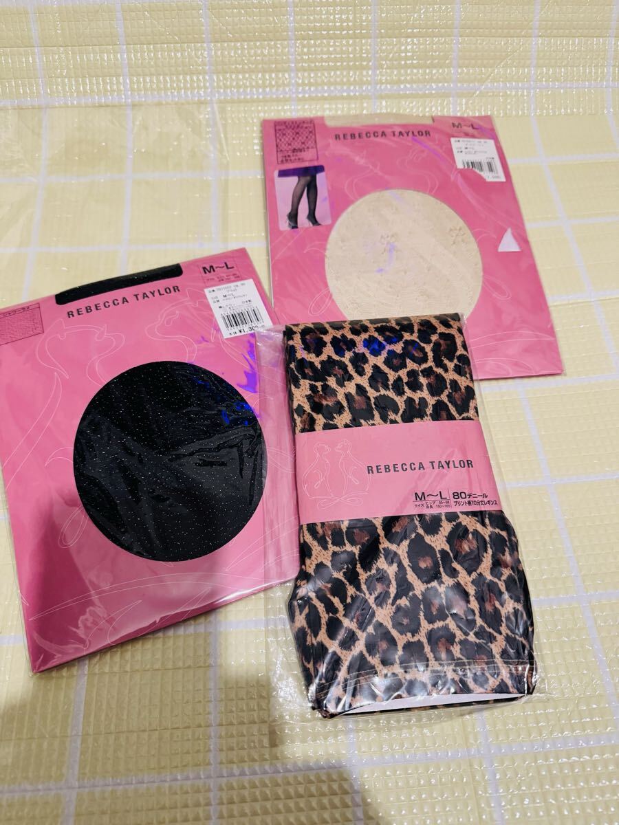 3足セット レベッカテイラー パンスト ストッキング ラメ リボン 黒 タイツ80デニール ヒョウ柄レギンス 10分丈 ML REBECCATAYLOR拍卖