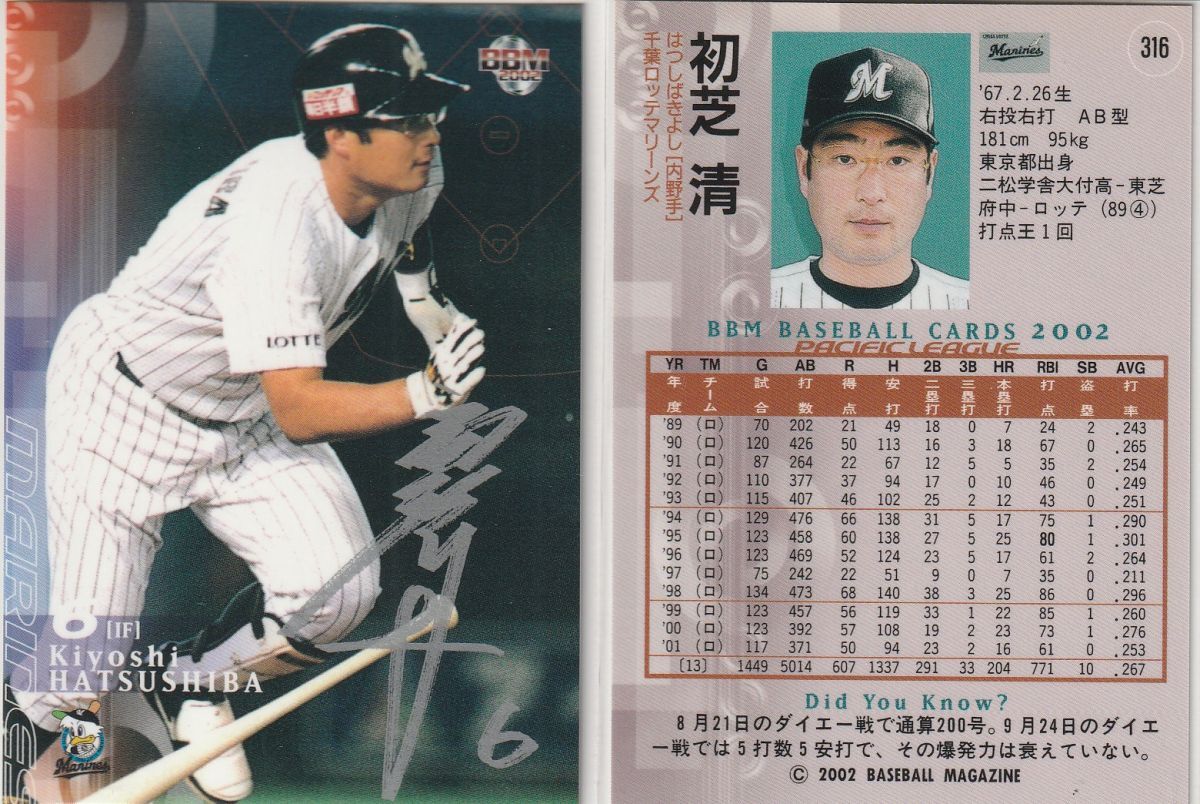 ●2002BBM【初芝 清】 シルバーサインパラレル No.316:ロッテ R2拍卖
