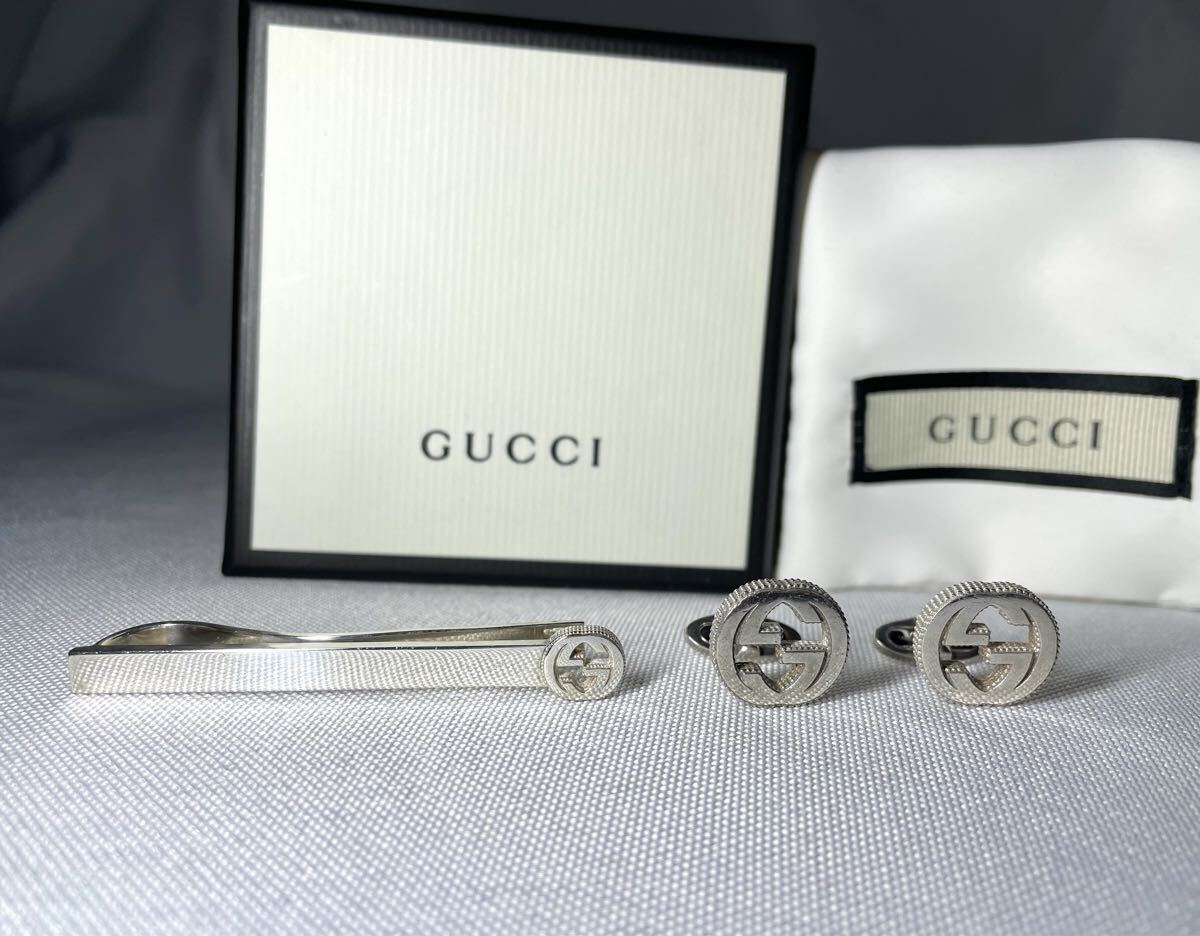即決 GUCCI グッチ インターロッキングG GGロゴ ネクタイピン カフス セット タイピン カフリンクス スターリングシルバー SV925 付属品有拍卖