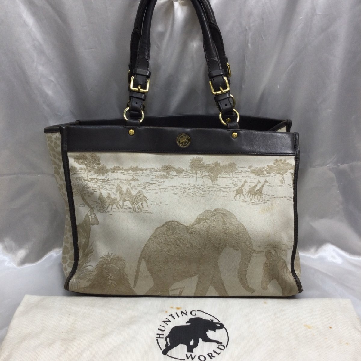 【中古/現状品/TO】HUNTING WORLD ハンティングワールド トートバッグ キャンバス×レザー アニマル柄 レディース バッグ MZ1014/001拍卖