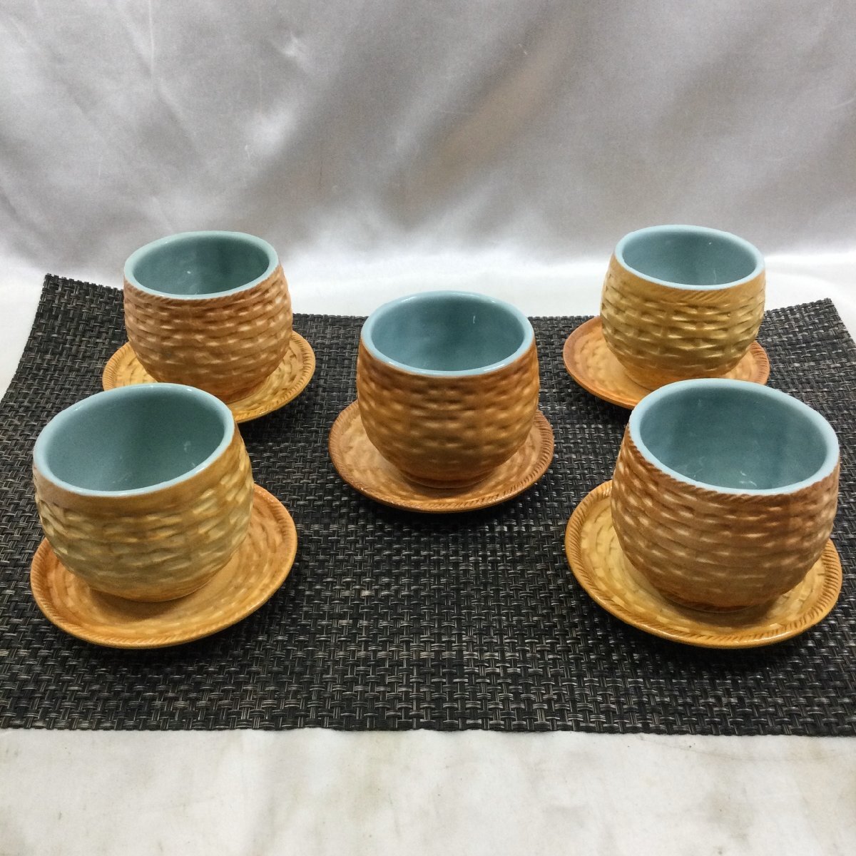 【保管品/TSS】陶器 有田焼 青右エ門窯 柿型 茶器セット 5客 蓋なし 皿付き 染付 秋模様 飾リ 古美術品 伝統工芸 RS01024/0000-2拍卖