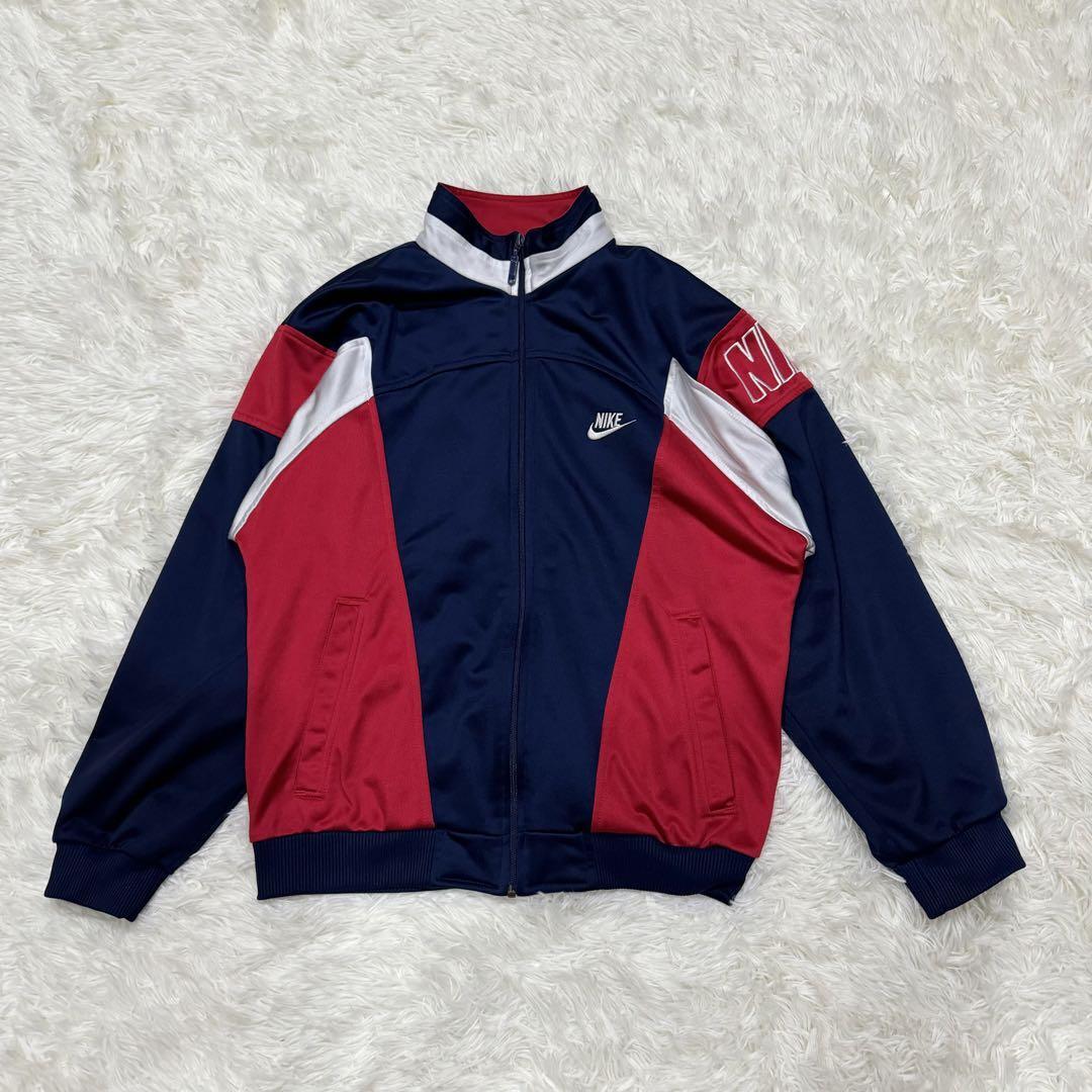 NIKE ナイキ 90s トラックジャケット L 銀タグ マルチカラー 刺繍ロゴ ネイビー 赤 白 ジャージ拍卖