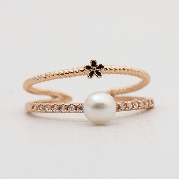 キラキラパール・花・2連リング指輪・フリー拍卖