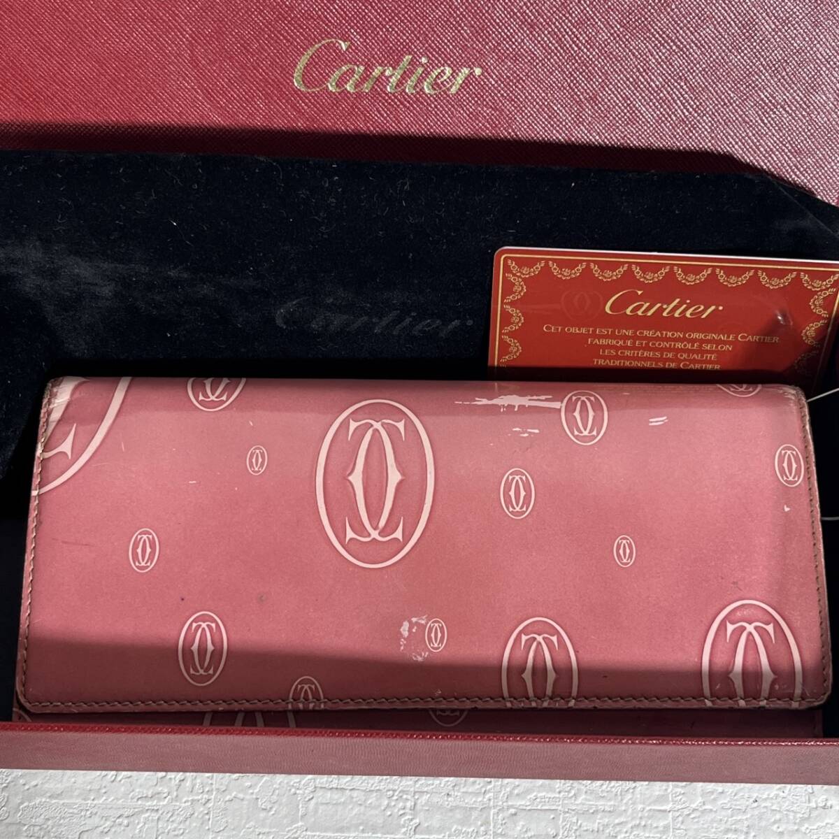 Cartier カルティエ ハッピーバースデー 財布 長財布 二つ折り エナメルカーフ レザー ピンク ギャラ付 箱付 保存袋 中古拍卖