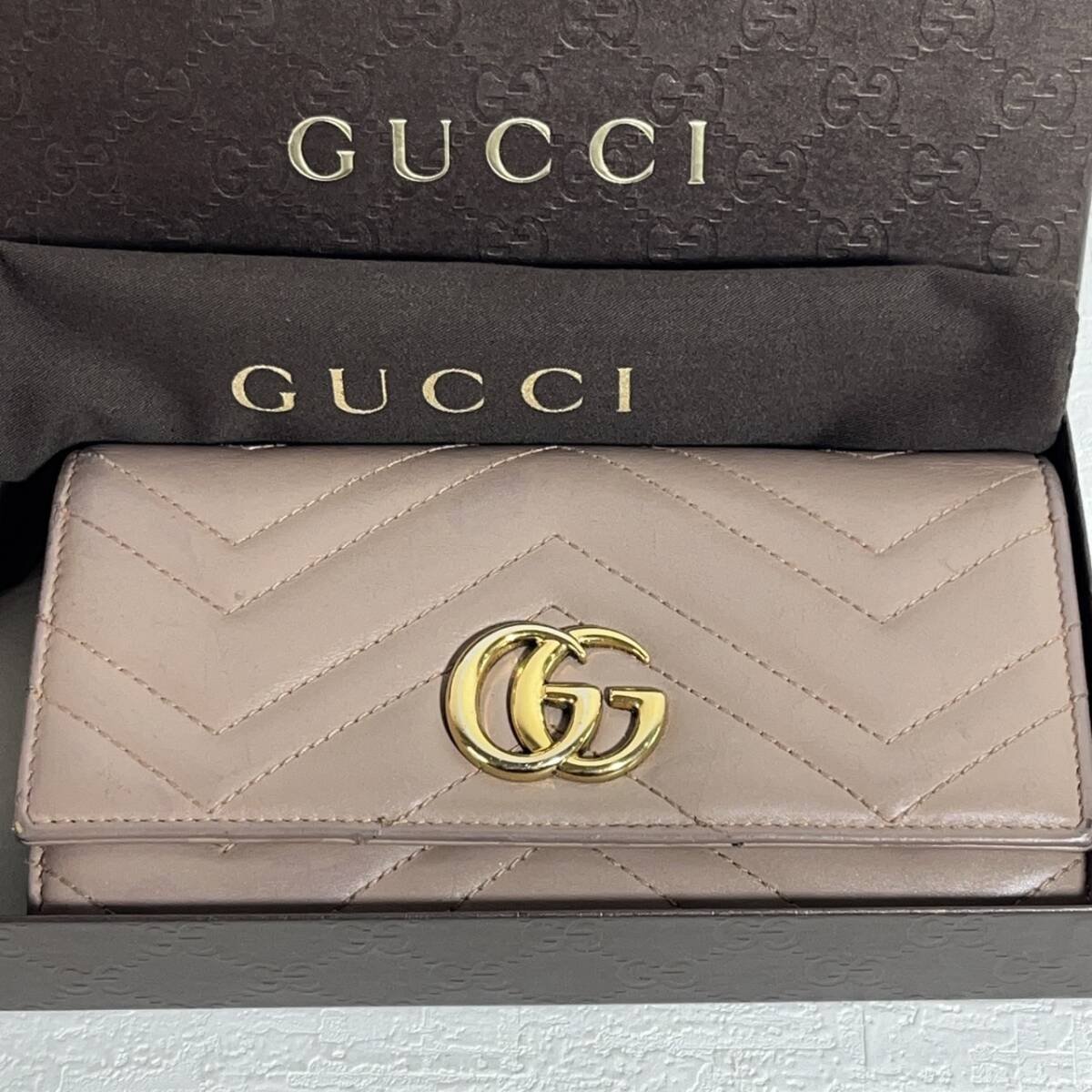 GUCCI グッチ GGマーモント コンチネンタルウォレット ダブルG キルティング 長財布 ベージュ 箱付 保存袋 中古拍卖