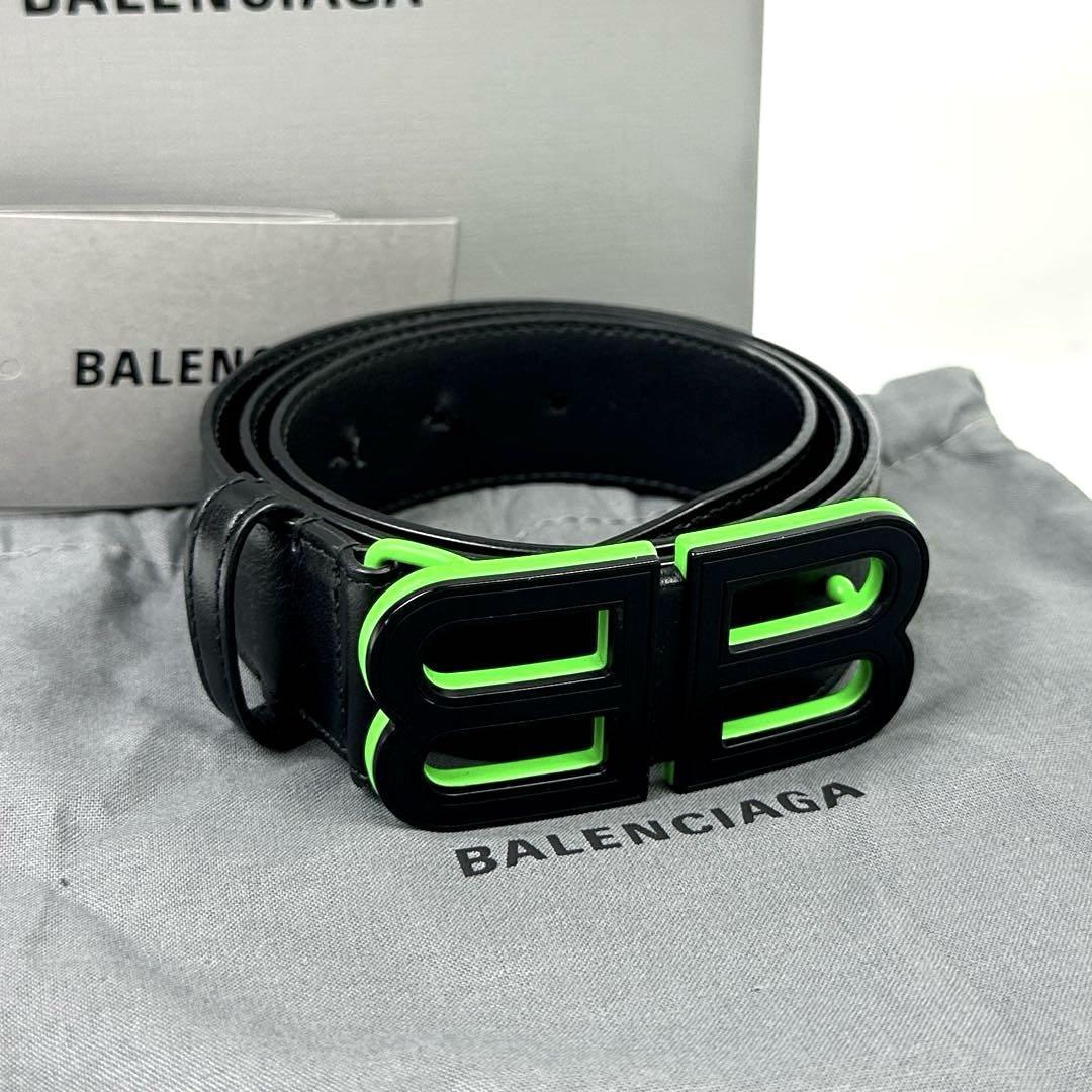 【美品】BALENCIAGA バレンシアガ ベルト BB バックル アワーグラス ブランドロゴ レザー バイカラー 黒 ブラック 緑 グリーン 男女兼用拍卖