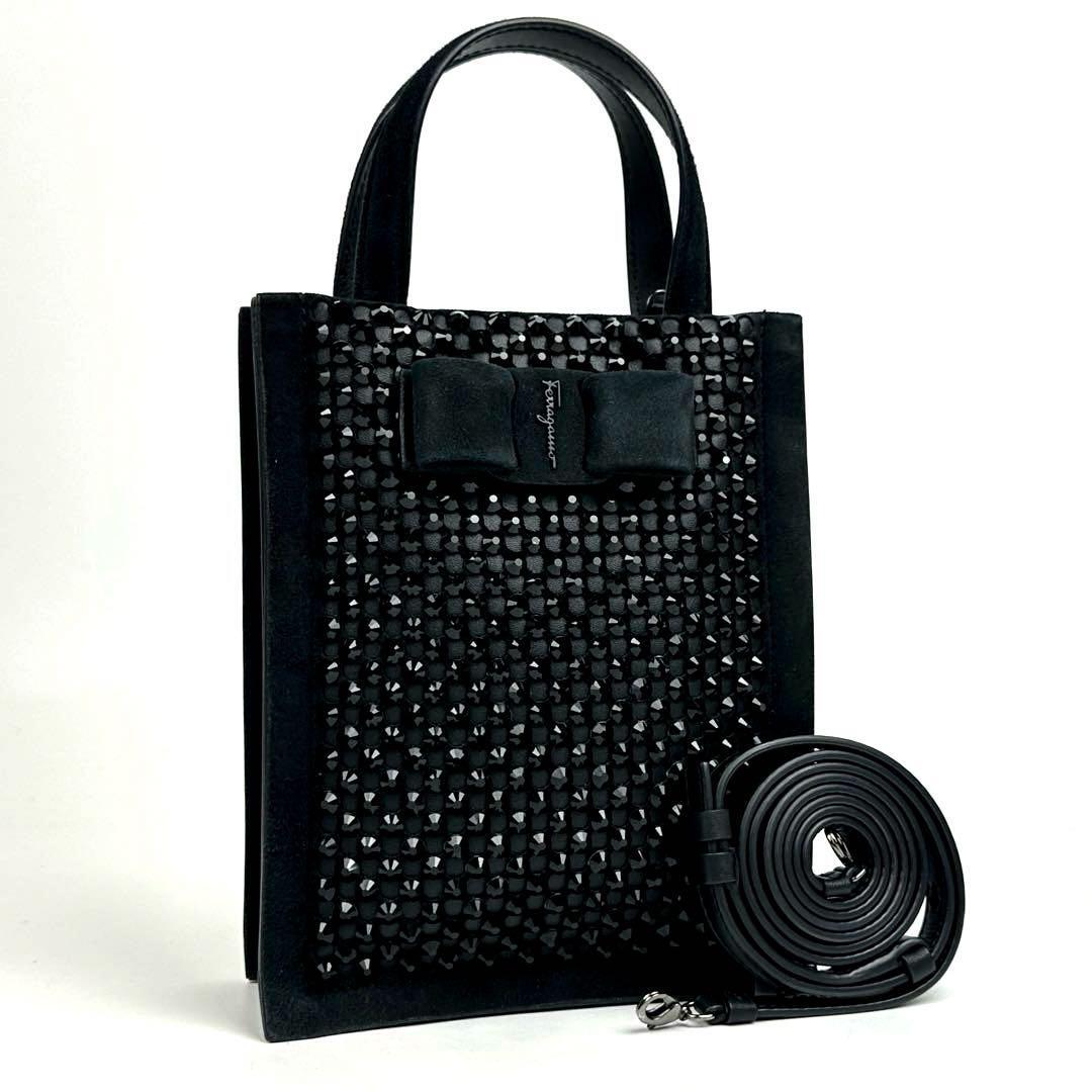 希少●Salvatore Ferragamo フェラガモ ビバ ボウ ハンドバッグ 2way ショルダーバッグ ヴァラリボン スタッズ スエード 黒色 ブラック拍卖