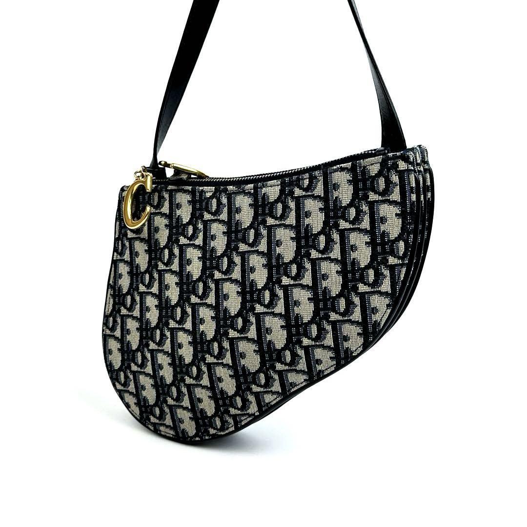 極美品■Christian Dior ディオール サドル トリプルジップ ショルダーバッグ オブリーク トロッター 総柄 キャンバス レザー 紺 ネイビー拍卖