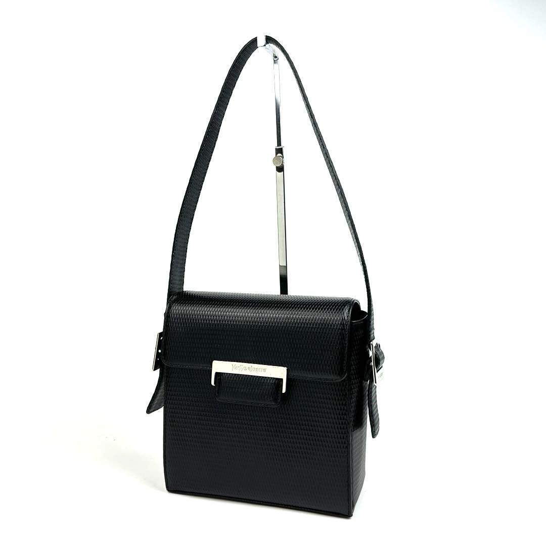 美品■Yves Saint Laurent イヴサンローラン ショルダーバッグ YSL カサンドラ 肩掛け ダイヤ カットワーク レザー 黒 ブラック フォーマル拍卖