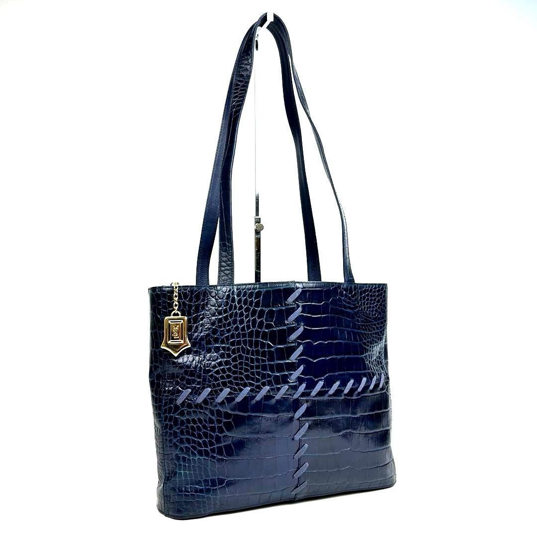 【美品】Yves Saint Laurent イヴサンローラン ワンショルダー 肩掛け YSL カサンドラ ステッチ クロコ レザー 紺色 ネイビー 男女兼用拍卖
