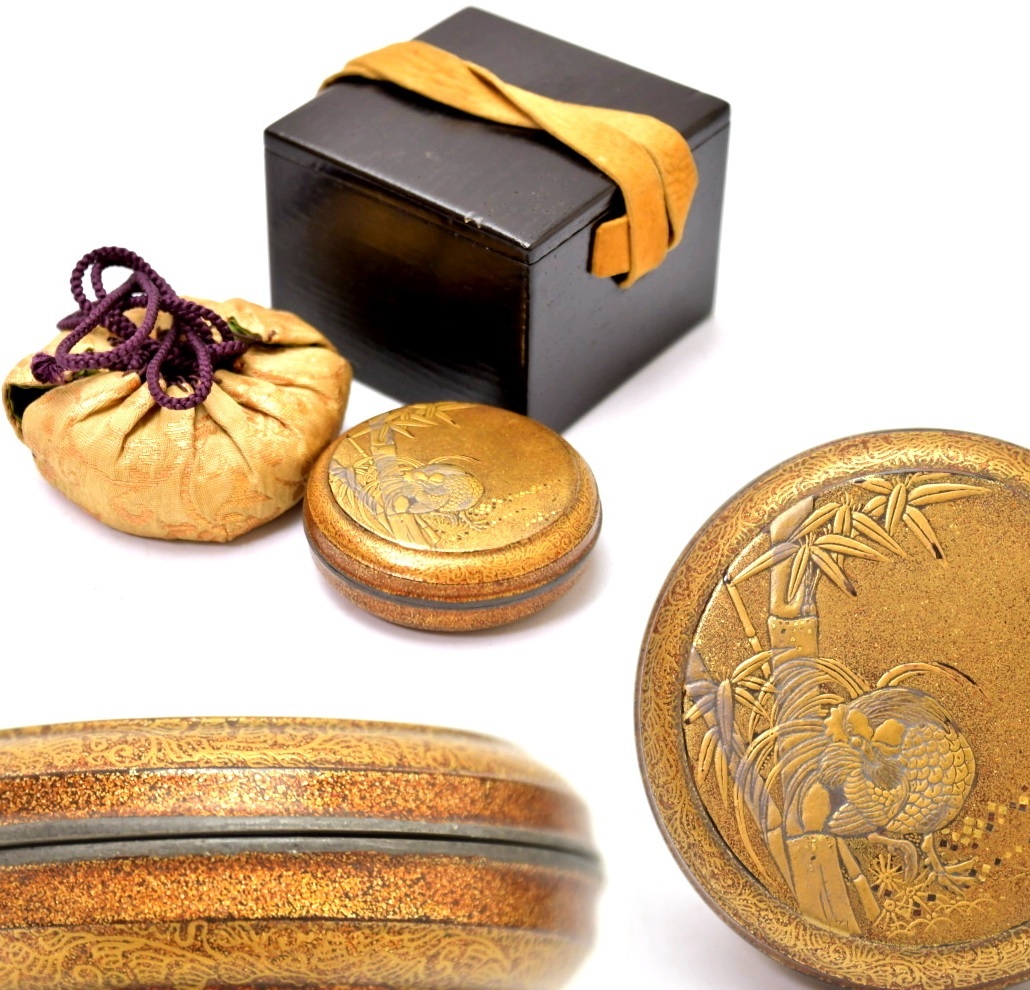 169 蒔絵鶏文 錫縁 香合 ● 漆器 茶道具 煎茶道具 骨董 古美術拍卖