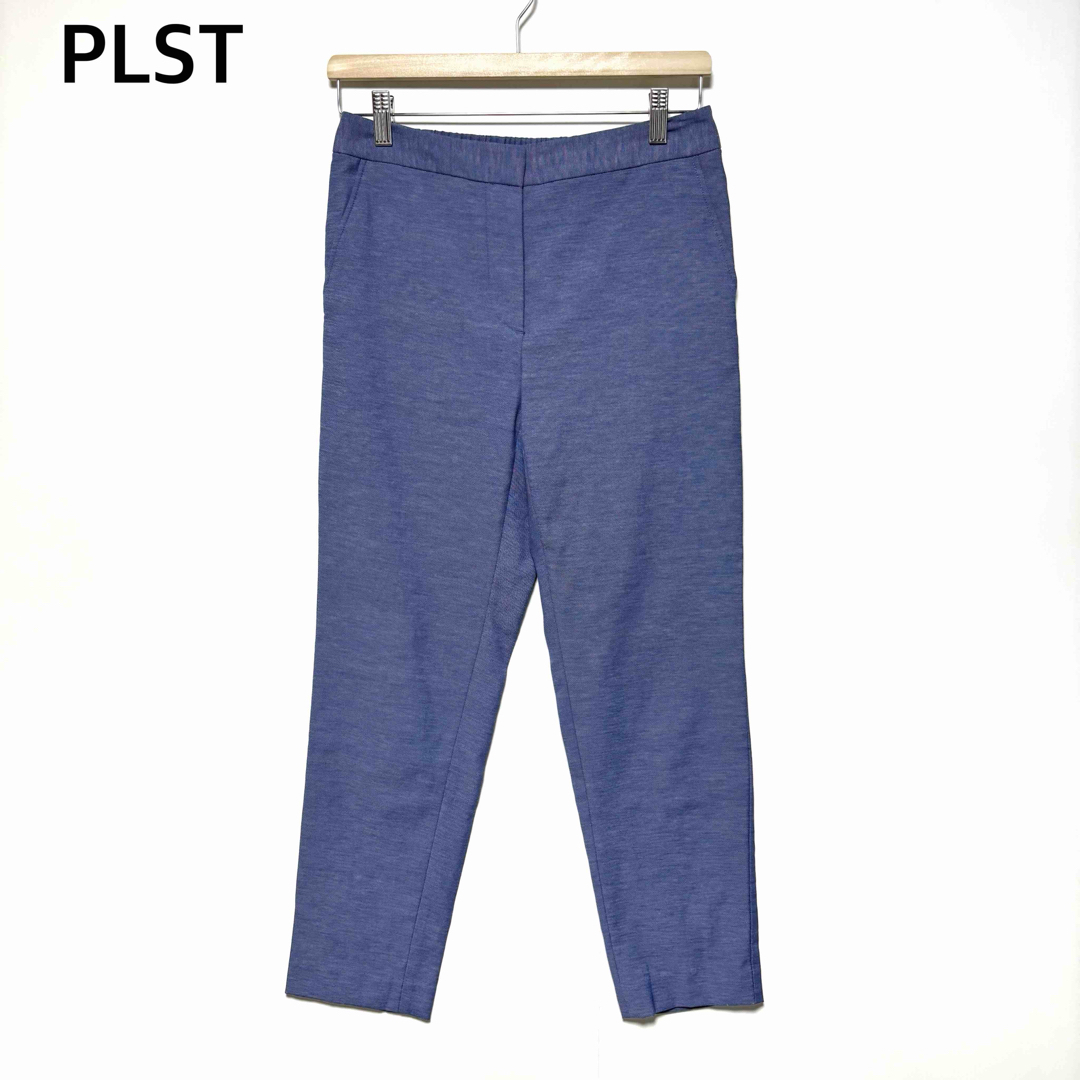 美品 PLST プラステ リネン混 クロップドパンツ テーパード ウエストゴム入り Mサイズ ブルー ウォッシャブル m5089拍卖