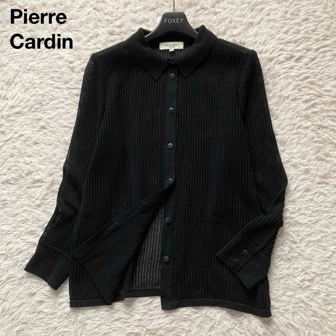 Pierre Cardin ピエールカルダン 衿付きメッシュニットカーディガン 長袖 ブラック 黒 日本製 レディース Mサイズ m6166拍卖