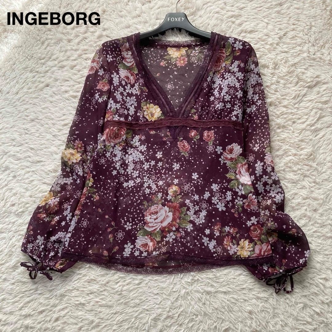 極美品INGEBORG インゲボルグ シフォンブラウス 花柄 フラワープリント 桜 Vネック レース 長袖 日本製 Sサイズ パープル m7917拍卖