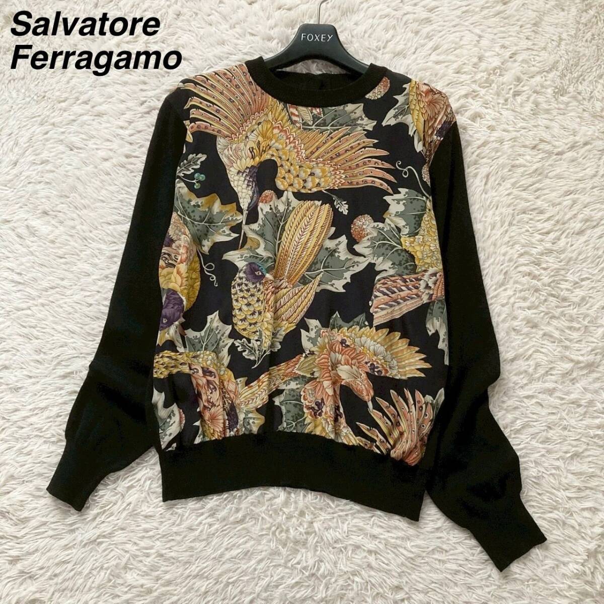 サルヴァトーレ フェラガモ Salvatore Ferragamo 希少鳥柄 シルクパネルプリント 切替ニット プルオーバー 金ボタン 上質ウール セーター拍卖