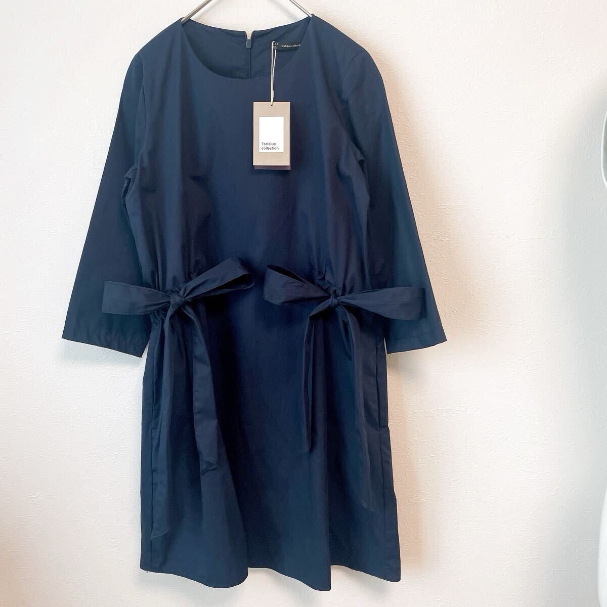 ★新品★ザラZARAネイビー7分袖ワンピース紺リボン七分袖ラウンド丸首クルーネック無地XSサイズSサイズSSサイズ シンプル長袖チュニック拍卖