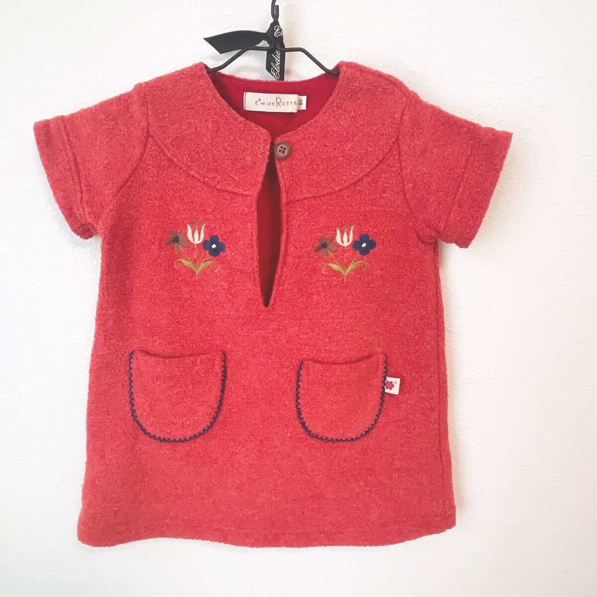 ブランシェスbranshesエミューロッタemue Rottaレッド赤80サイズ9-12ヶ月11kg半袖ワンピース女の子ドレス赤ちゃん花ベビー刺繍フラワー1歳拍卖