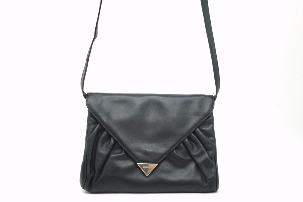 セリーヌ ヴィンテージ 2way ショルダー バッグ クラッチ クロスボディ ギャザー レザー 黒 ブラック CELINE 4099h拍卖