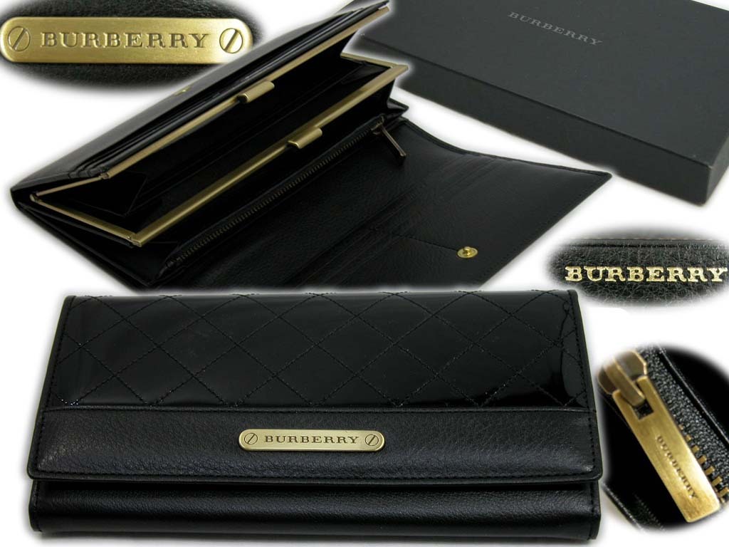 ★希少★新品未使用★BURBERRY★バーバリー★ファスナー付きエナメル高級がま口財布長財布・牛革黒日本製無地白箱付拍卖