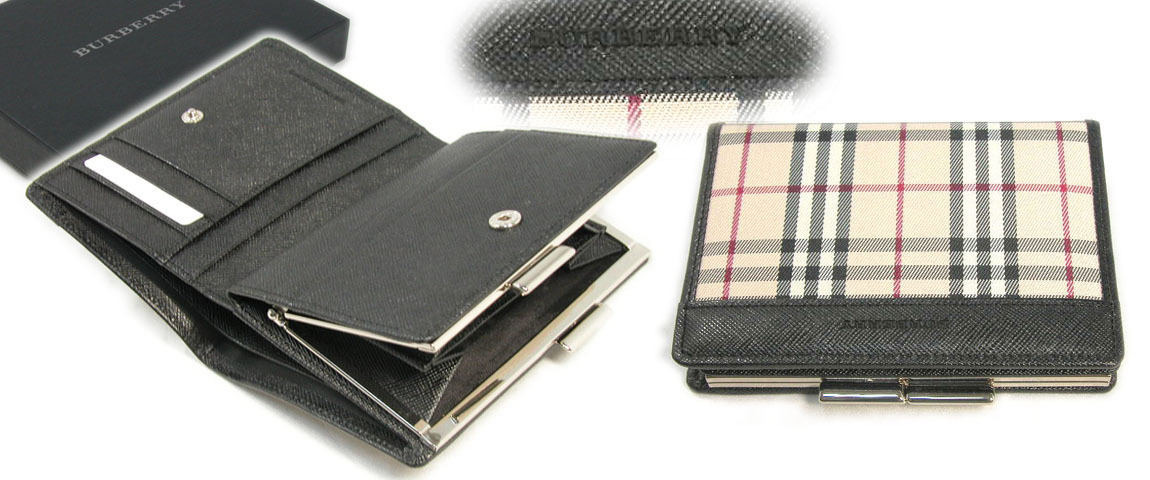★新品未使用★BURBERRY★バーバリー★定番チェック付牛革・がま口二つ折財布・日本製★専用箱付き拍卖