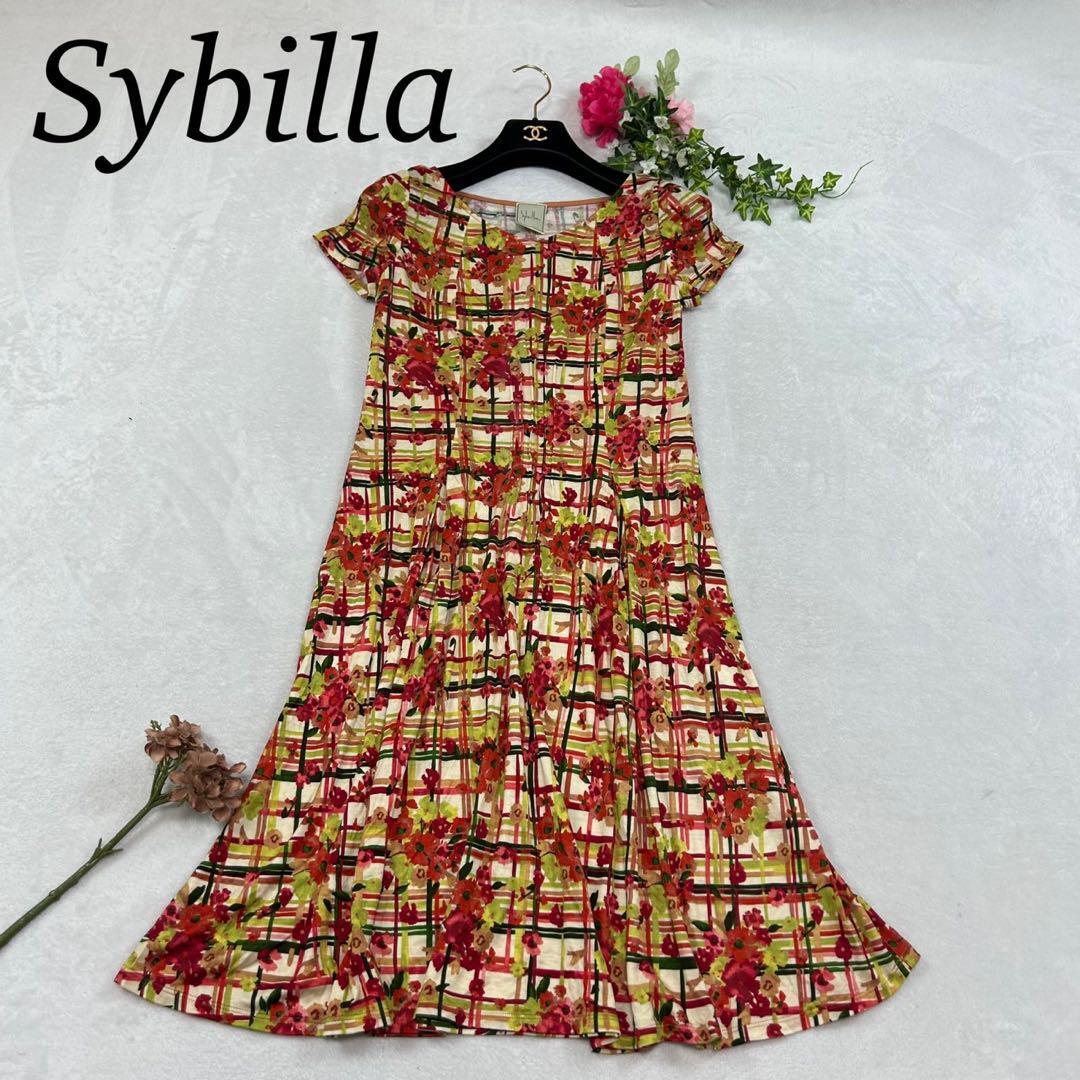 I869 美品 M シビラ 花柄 ストレッチ レッド ひざ丈ワンピ レディース拍卖