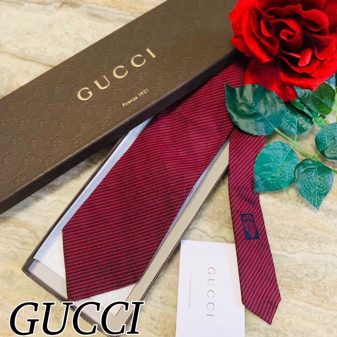 N47 美品 グッチ GG総柄 刺繍 レッド ネイビー ネクタイ メンズ拍卖