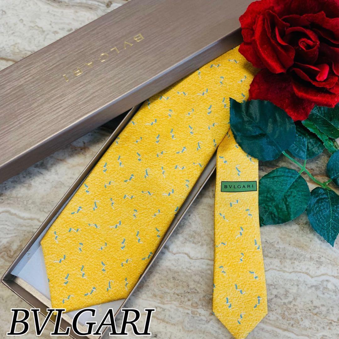 N34 新品未使用 ブルガリ セッテピエゲ 総柄 イエロー ネクタイ メンズ拍卖