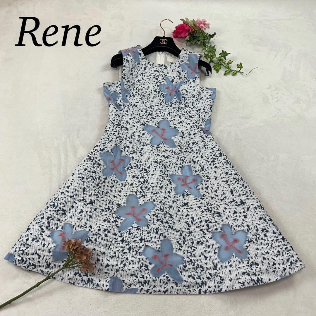 J1 S 36 ルネ 花柄 総柄 ツイード ノースリーブ ひざ丈 レディース拍卖