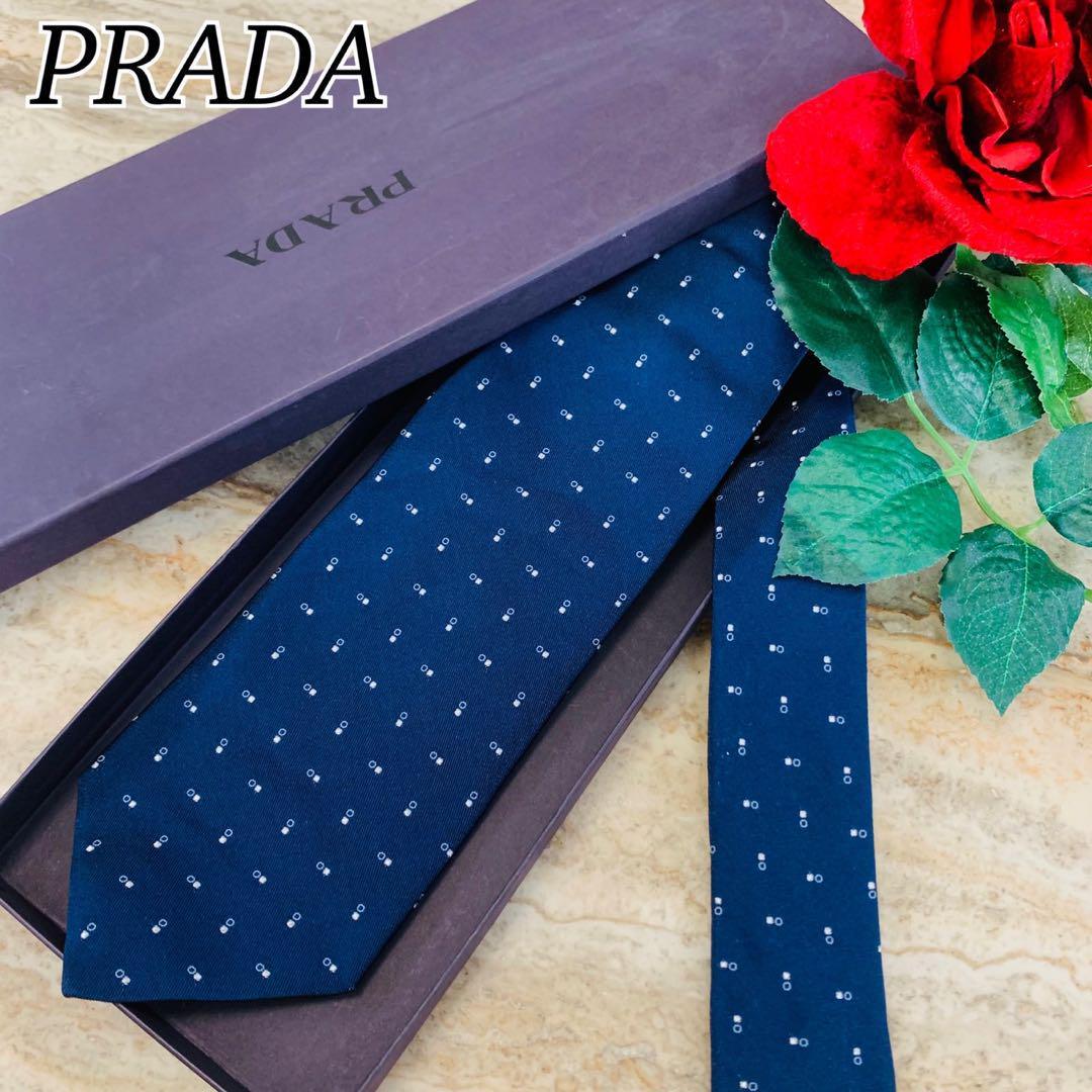N108 美品 プラダ 総柄 ブルー ネクタイ メンズ拍卖