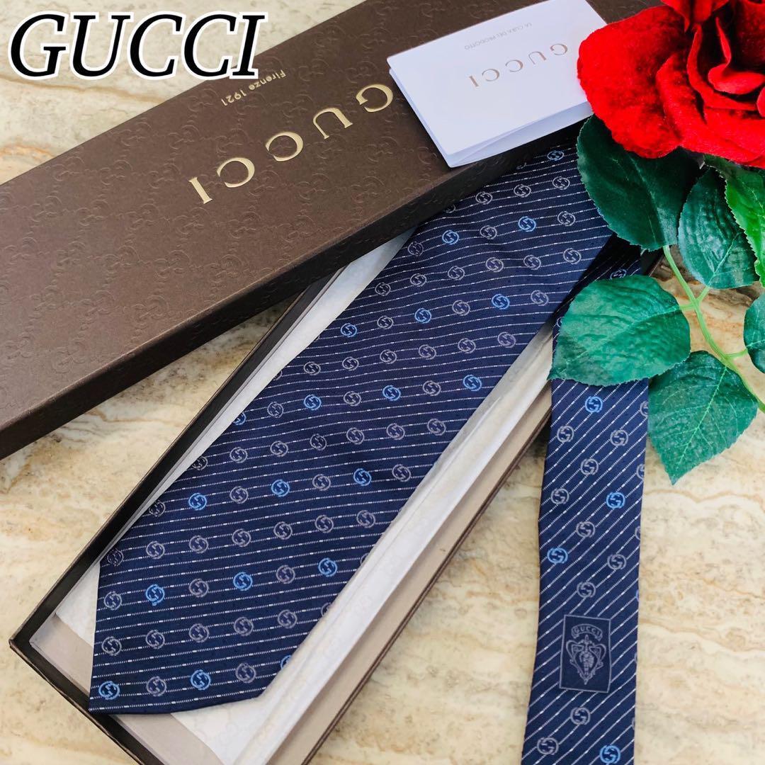 N106 グッチ ロッキングG ロゴ総柄 ロゴ刺繍 ネイビー ネクタイ メンズ拍卖
