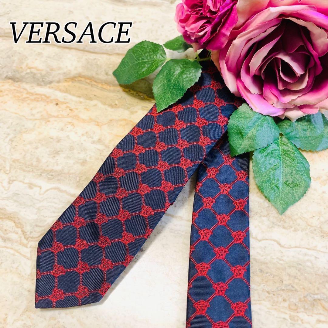 N164 新品未使用 ヴェルサーチェ メデューサ総柄 細め ネクタイ メンズ拍卖