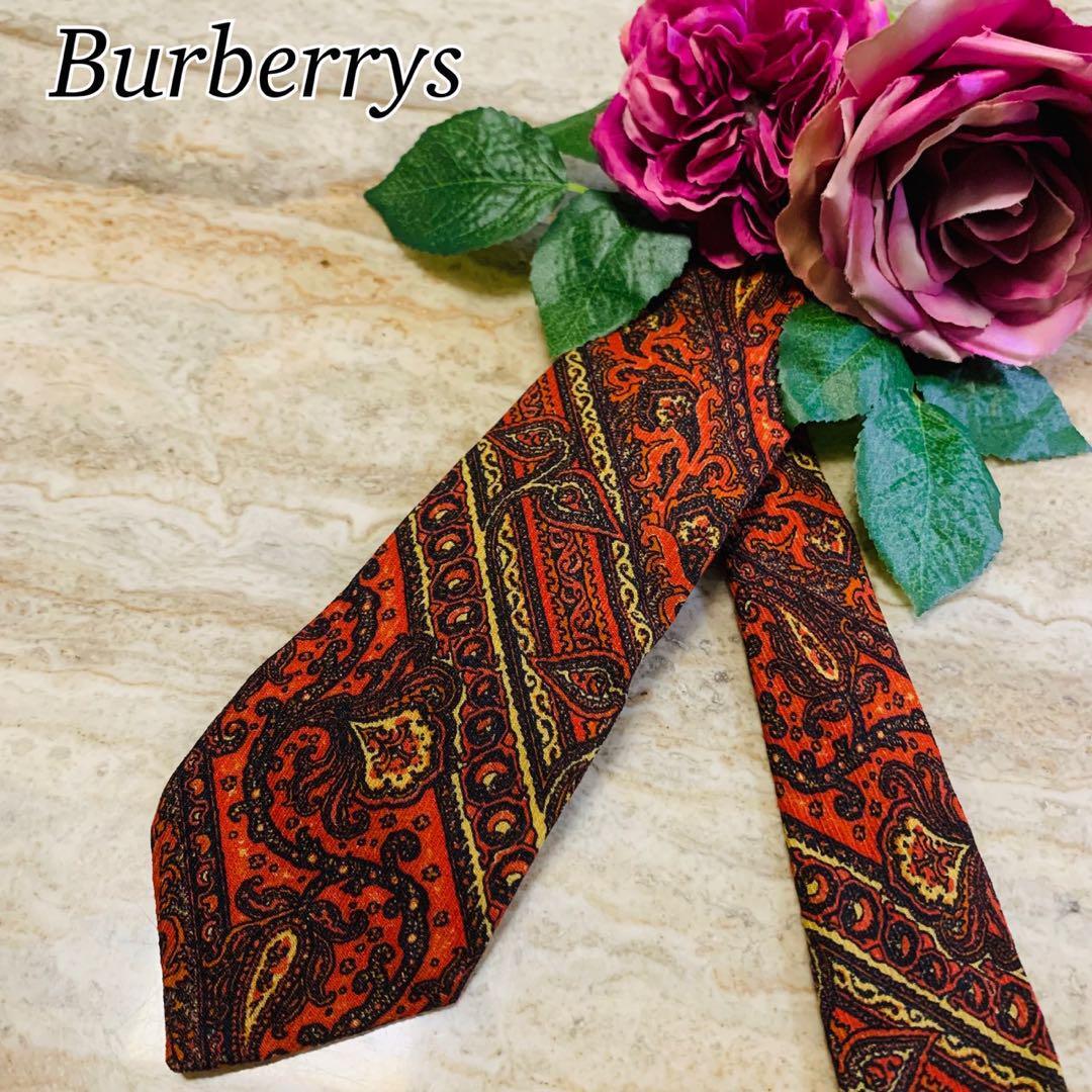 N233 美品 バーバリー ペイズリー柄 オレンジ ネクタイ メンズ拍卖