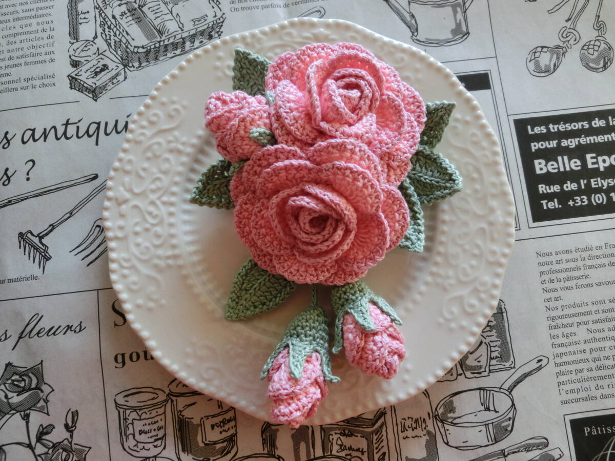 ☆ 2494 揺れる薔薇のブーケ ピンク系薔薇 クロシェレース コサージュ ハンドメイド 拍卖